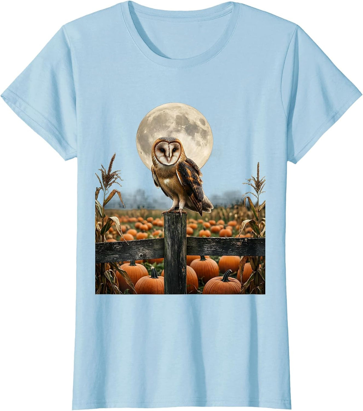 Barn Owl Moonlit Pumpkin Patch Illustration T-Shirt - Baby Blue