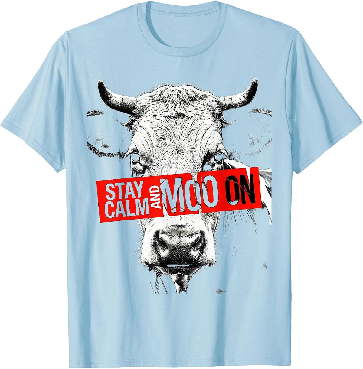 Men's Stay Calm and Moo On Funny Cow Design T-Shirt - Baby Blue