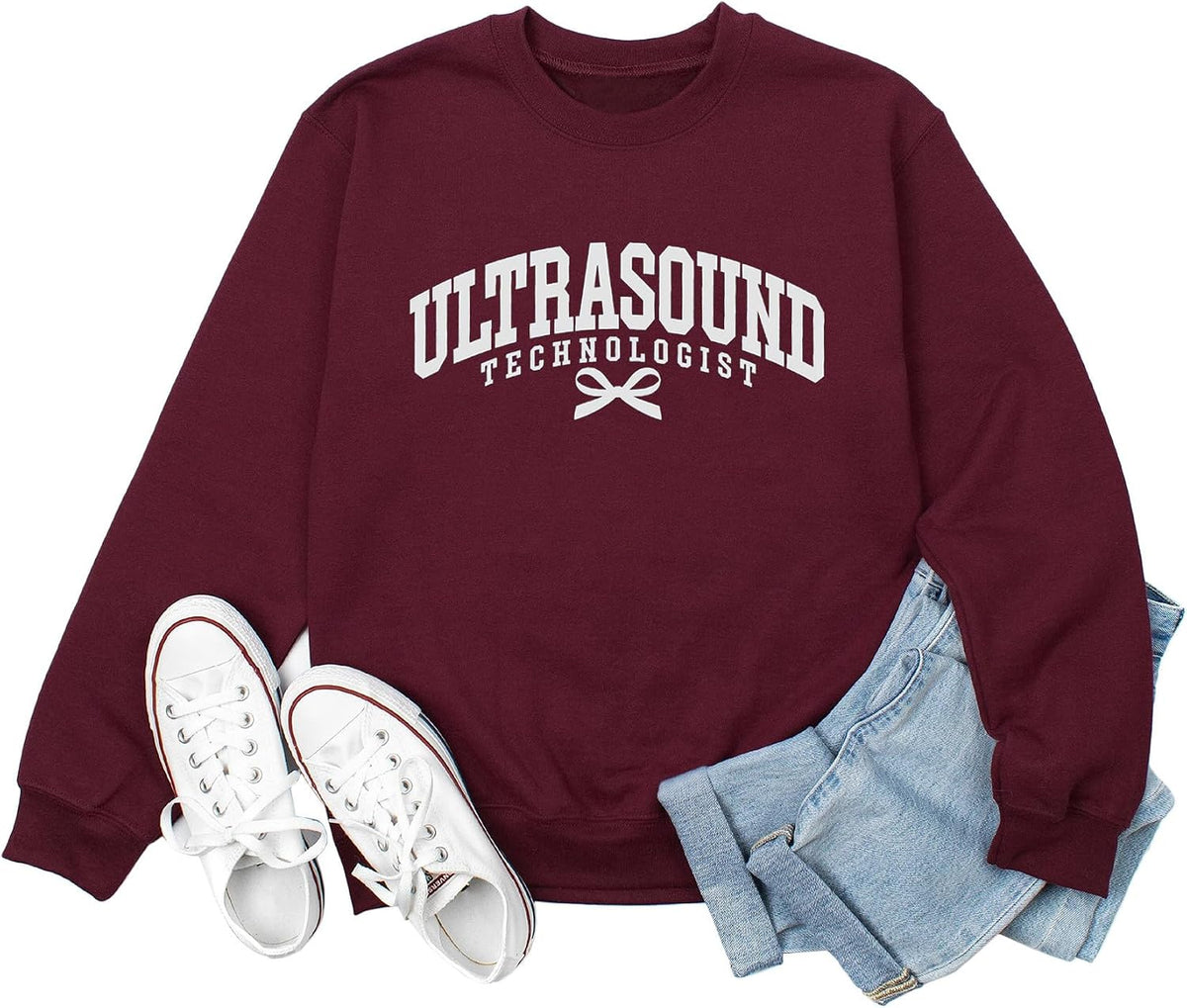Ultrasound Technologist Sweatshirt for Women Sonography Casual Long Sleeve Crewneck Pullover Tops Sonographer Gift - Red