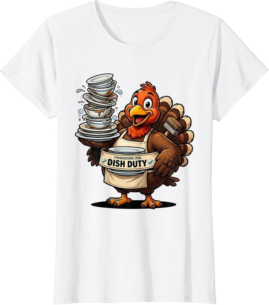 Women's Thanksgiving 2026 Dish Duty Funny Turkey Family Crew T-Shirt - White