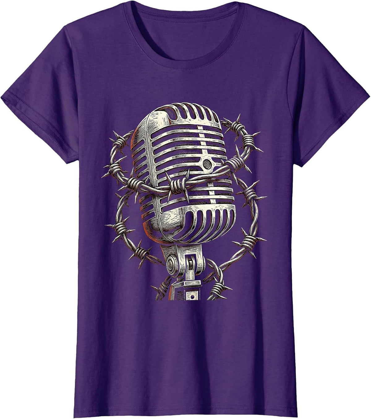 Women's Barbed Wire Microphone Grunge Illustration T-Shirt - Purple