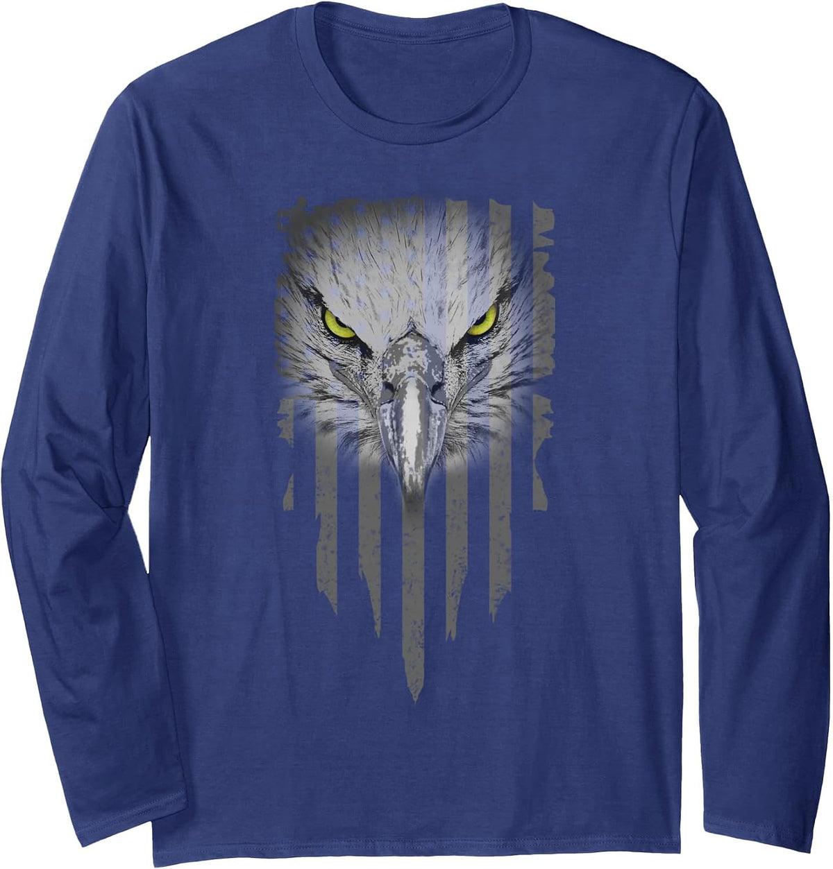 American Bald Eagle Eyes Design USA Flag Patriotic Long Sleeve T-Shirt - Adult Unisex Navy Blue