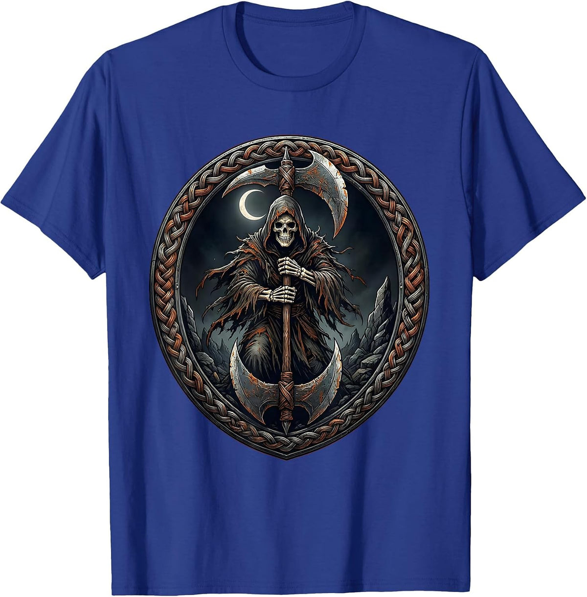 Men's Heavy Metal Grim Reaper Double-Bladed Battle Axe T-Shirt - Royal Blue