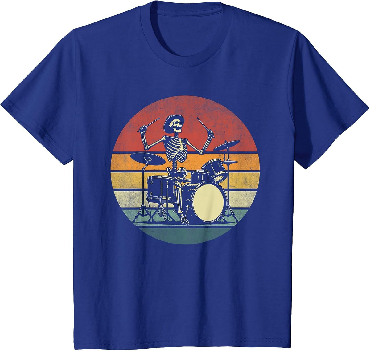 Retro Drummer Rock Skeleton Drummer Skeleton Playing Drum T-Shirt - Royal Blue