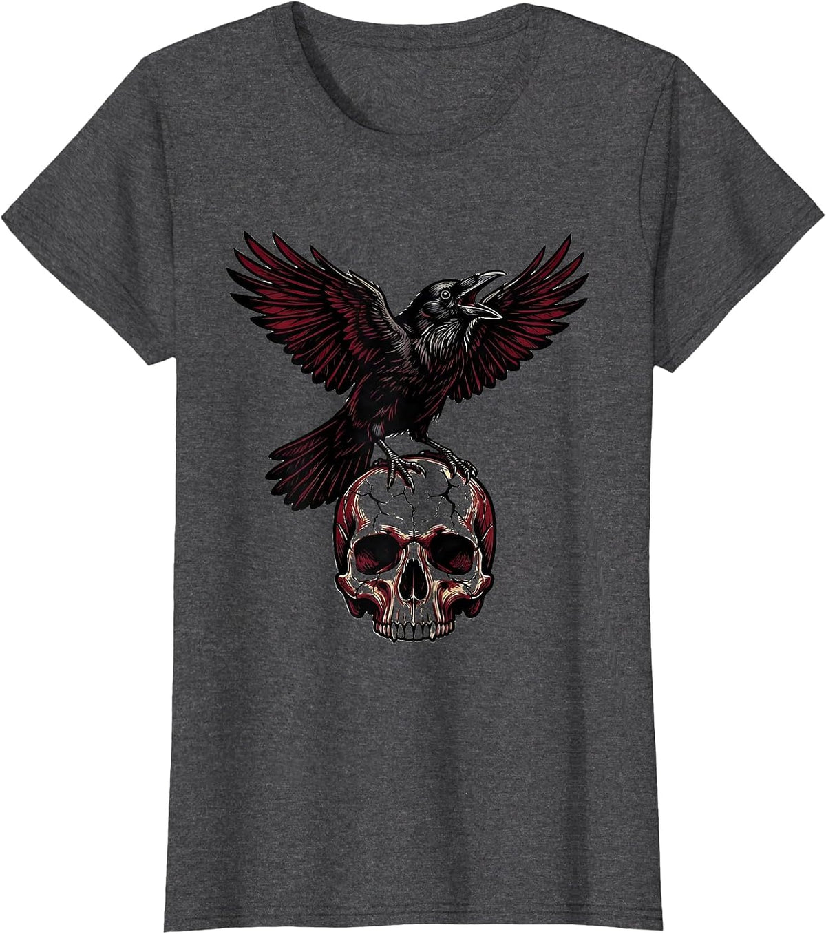 Women's Crow on Cracked Skull Heavy Metal Graphic T-Shirt - Dark Heather Grey