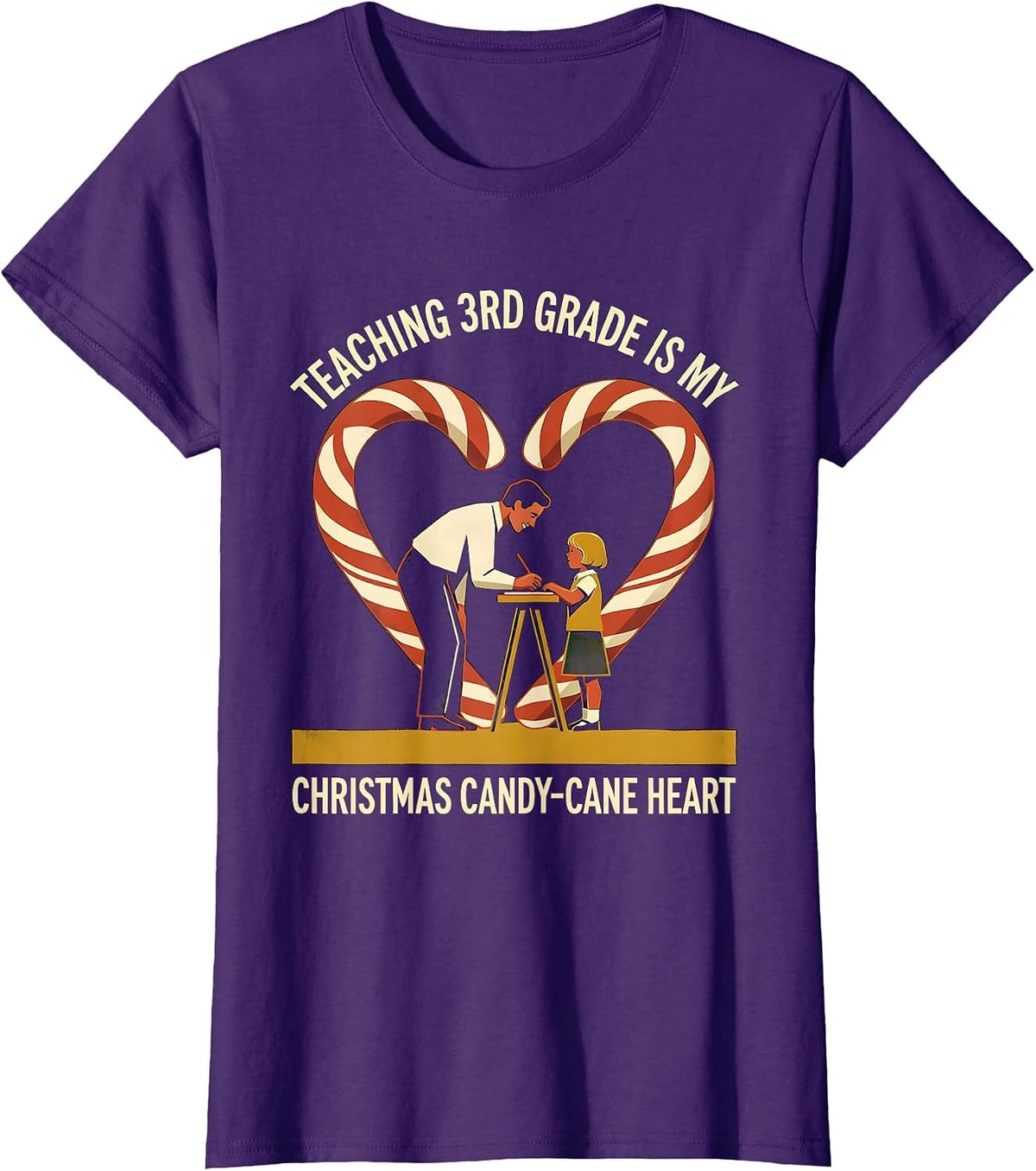 Women's Teaching 3rd Grade Is My Christmas Candy-Cane Heart Teacher T-Shirt - Purple