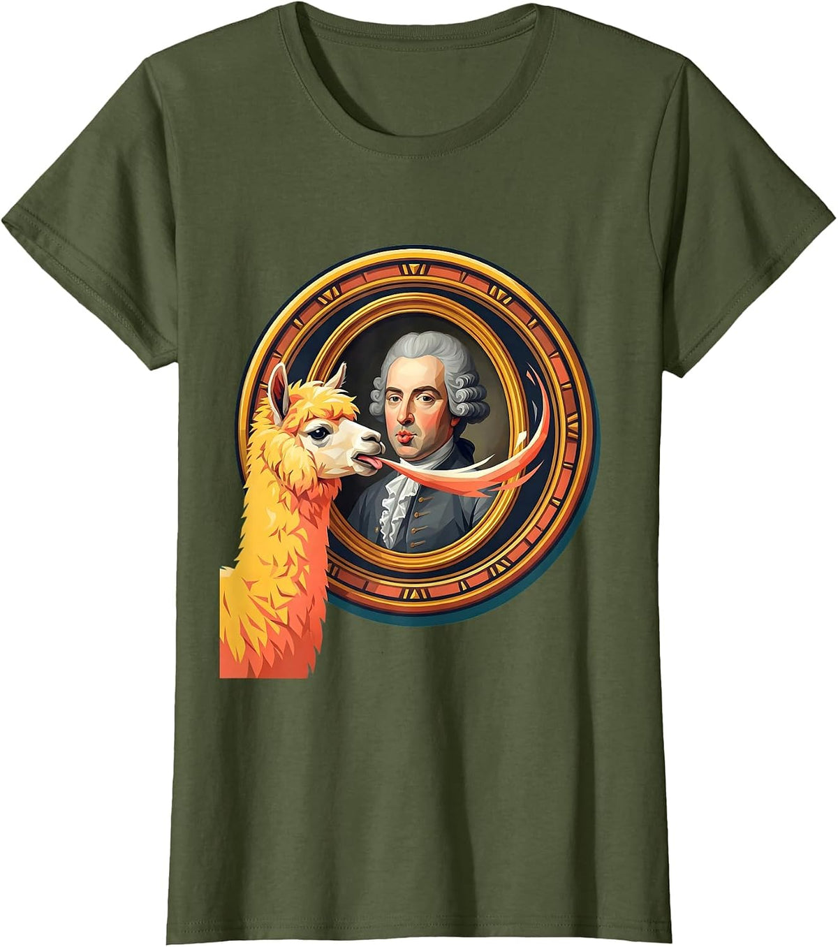 Llama Spitting on a Formal Portrait Painting T-Shirt - Olive Green