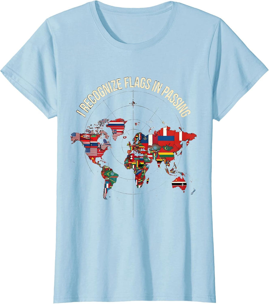 Women's I Recognize Flags In Passing Geography Lover World Map T-Shirt - Baby Blue