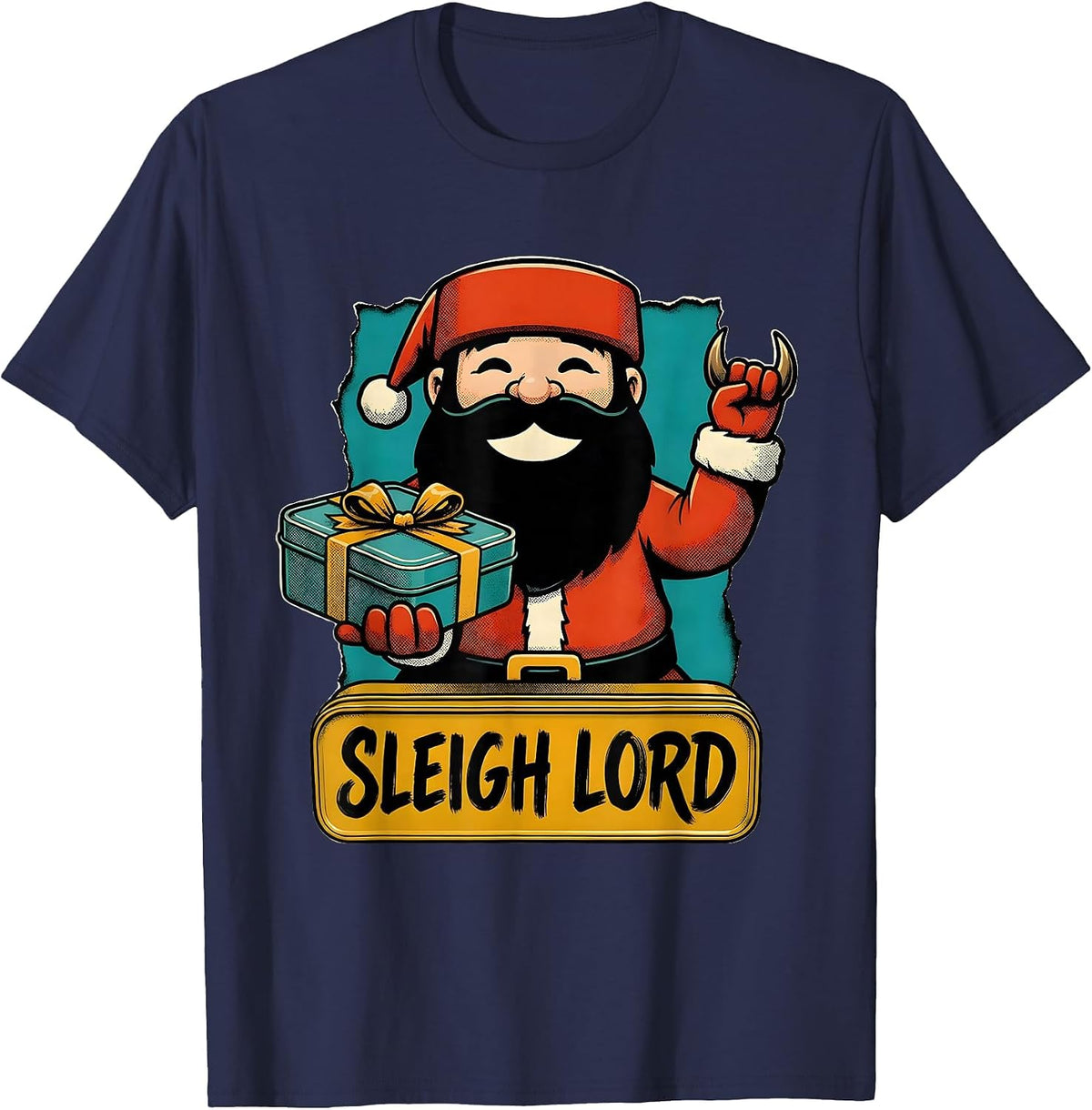 Men's Sleigh Lord Retro Advertising Mascot Heavy Metal Rock T-Shirt - Navy Blue