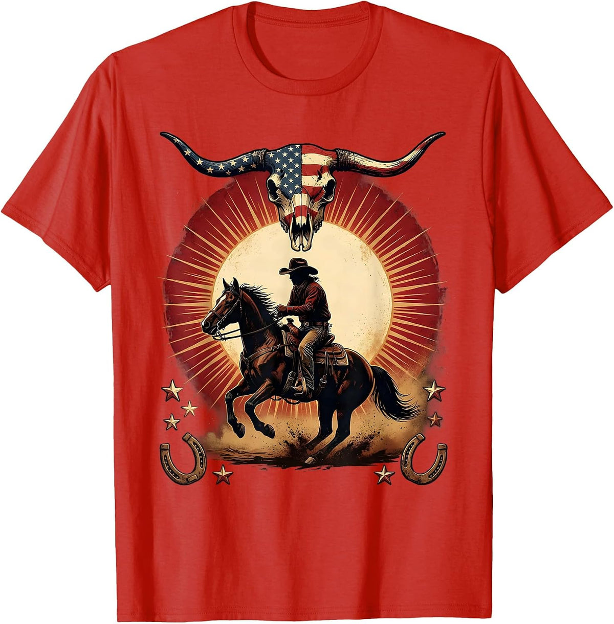 Men's Cowboy Silhouette Riding Horse at Dusk T-Shirt - Red