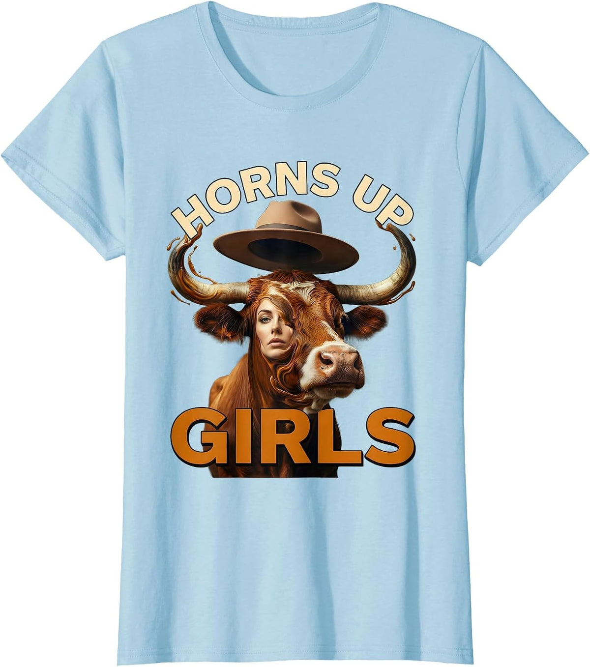 Horns Up Girls Cow Lover Graphic Design T-Shirt - Baby Blue