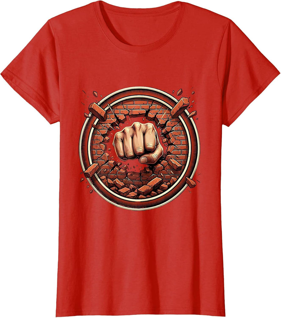 Women's Fist Through Brick Wall Breakthrough Graphic T-Shirt - Red