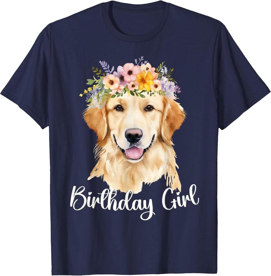 Dog Birthday Girl Golden Retriever Mom Birthday Party Outfit T-Shirt - Navy Blue