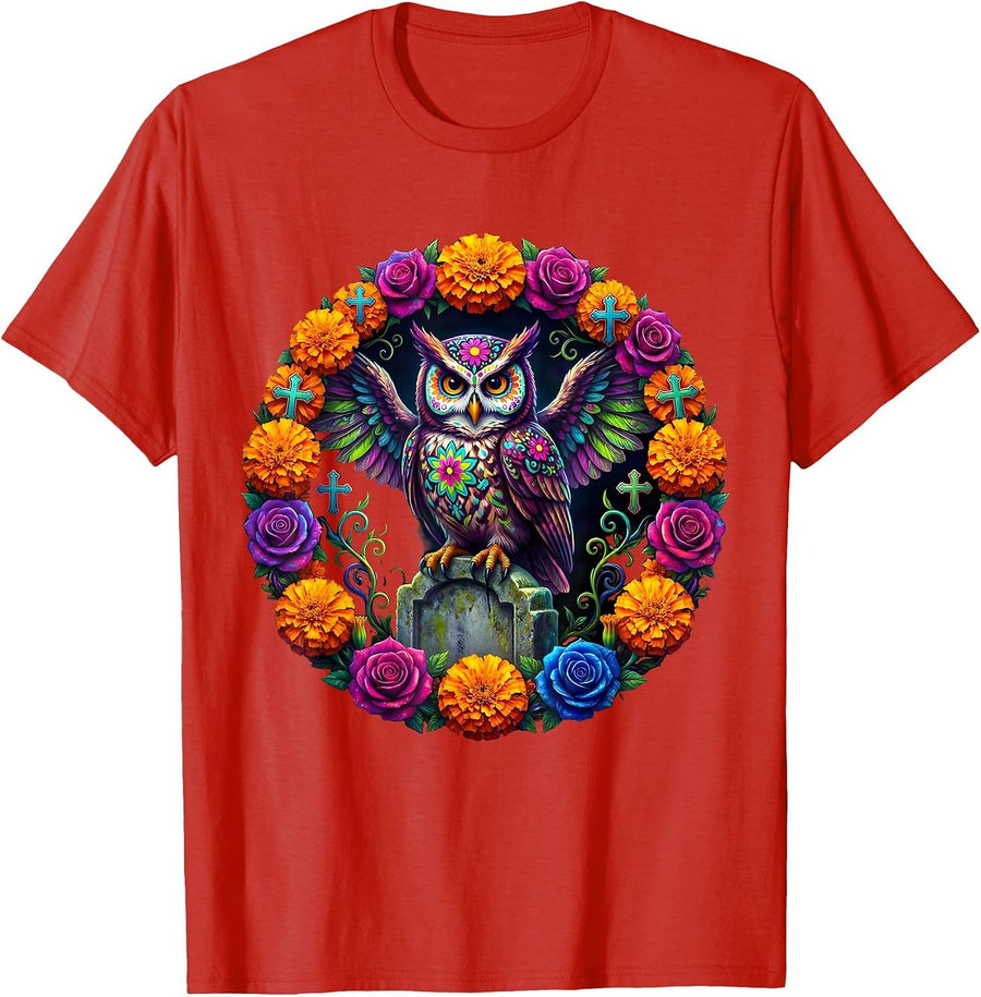 Men's Day of the Dead Owl on Gravestone Design T-Shirt - Red