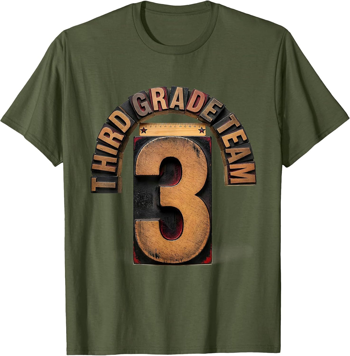 Third Grade Team Wood Type Letterpress Back To School T-Shirt - Olive Green