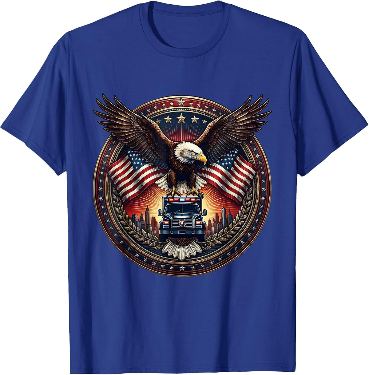 EMT Ambulance City Skyline Sunset Silhouette T-Shirt - Royal Blue