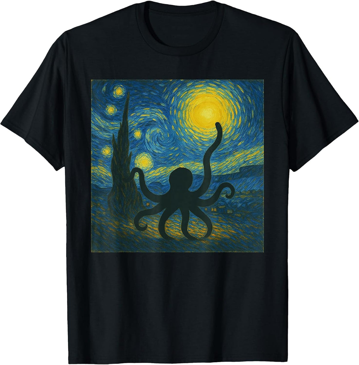 Starry Night Van Gogh Squid Vintage Octopus Funny Graphic T-Shirt - Black