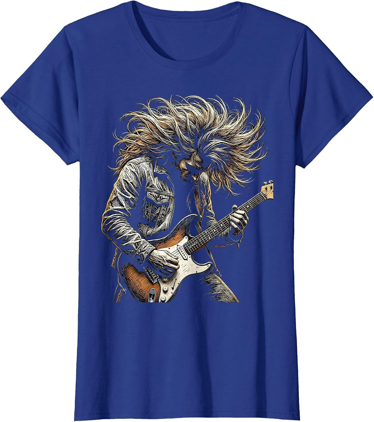 Women's Headbanging Musician Wild Hair Rock Band Graphic T-Shirt - Royal Blue