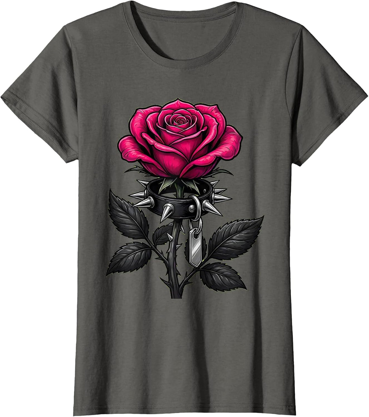 Women's Spiked Collar Rose Stem Brat Graphic Design T-Shirt - Asphalt Grey
