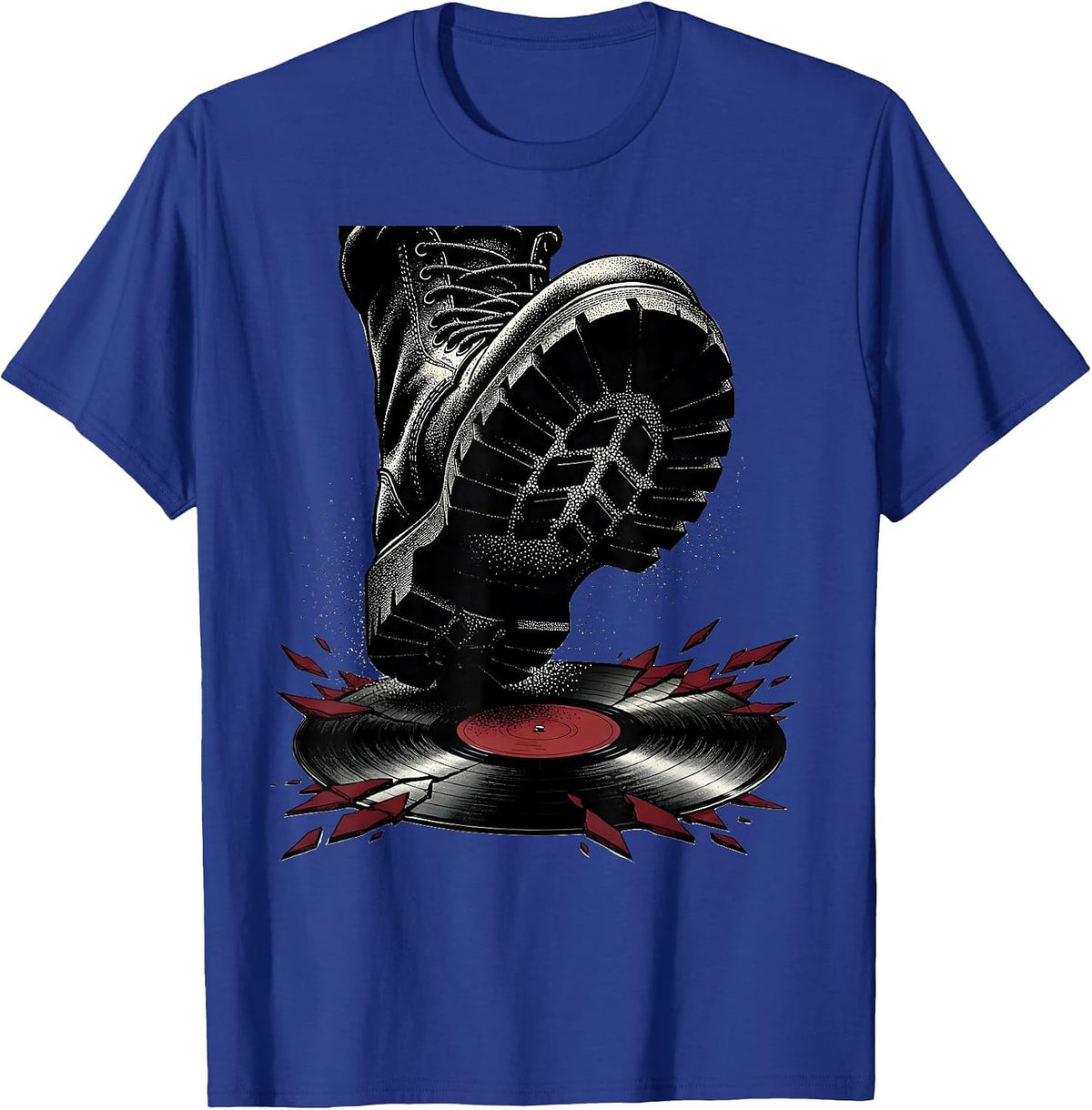Punk Rock Boots Stomping Vinyl Record Graphic T-Shirt - Royal Blue