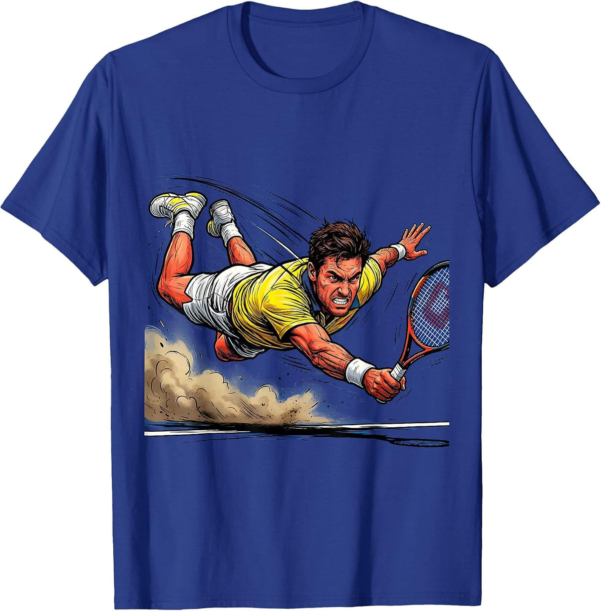 Tennis Player Diving Low Backhand Shot Graphic T-Shirt - Royal Blue