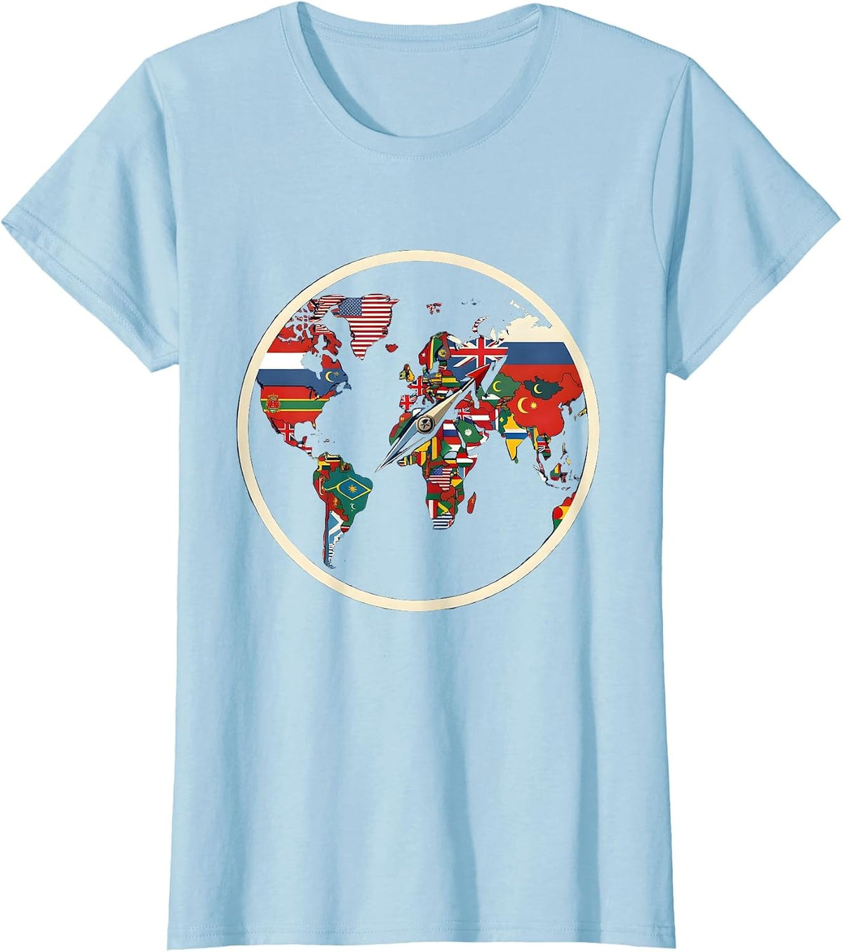 Women's World Flags Map Shield Badge Geography Lover Travel T-Shirt - Baby Blue
