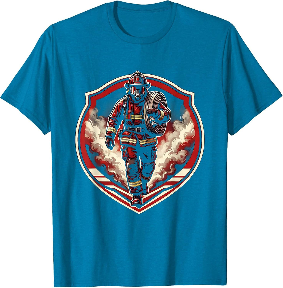 Firefighter Carrying Hose Through Smoke Clouds T-Shirt - Sapphire Blue