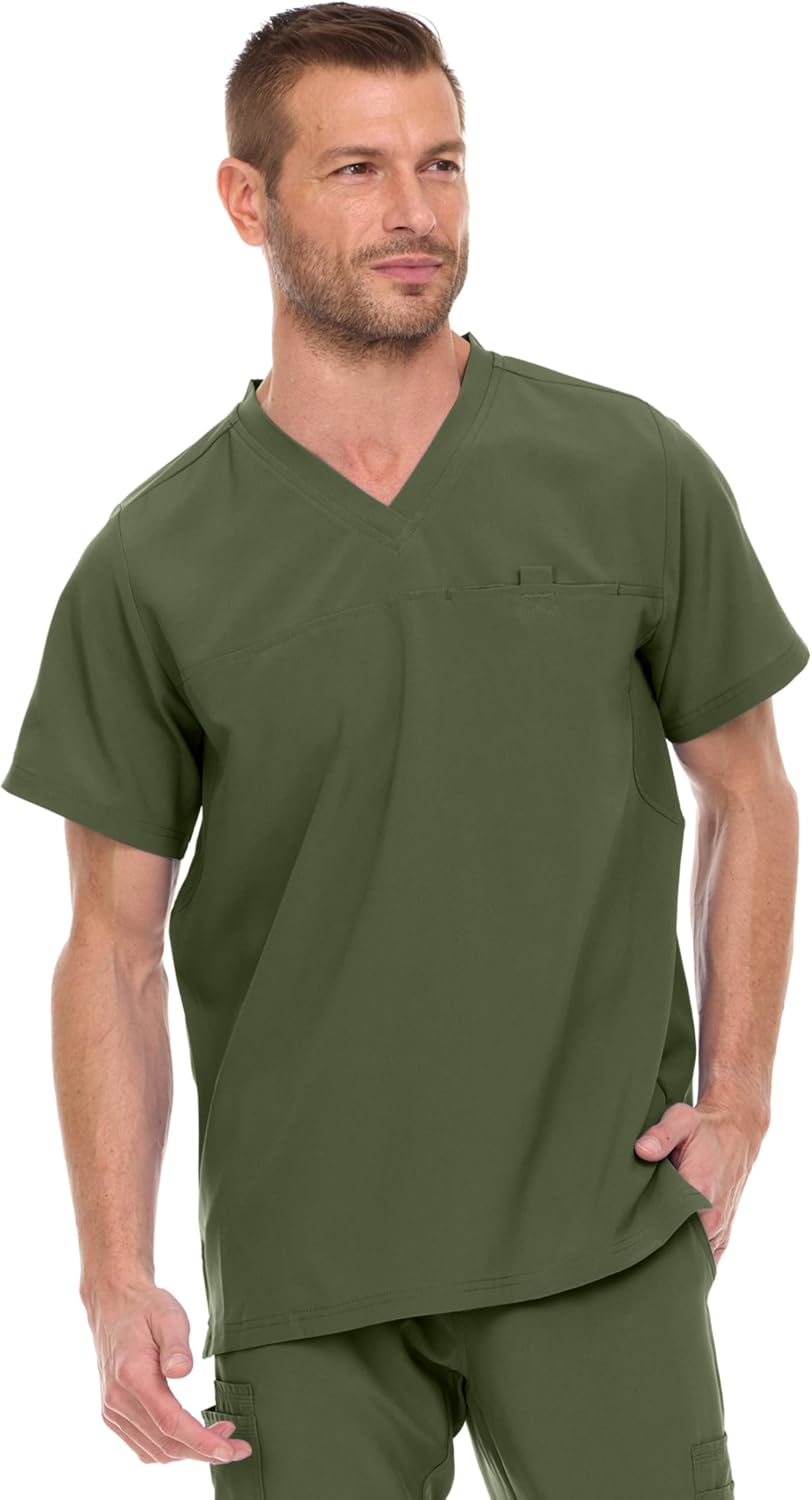 MediChic Men's V-Neck Hi-Low Top with One Chest Pocket and Mesh Gusset - Olive