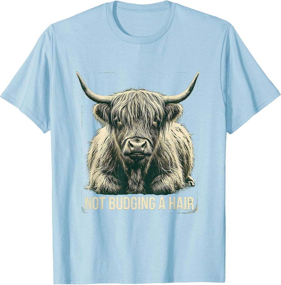 Men's Not Budging A Hair Funny Highland Cow Sarcastic Animal Lover T-Shirt - Baby Blue
