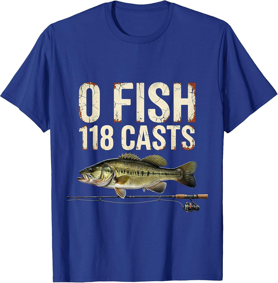 0 Fish 118 Casts Distressed Bass Fishing Humor T-Shirt - Royal Blue