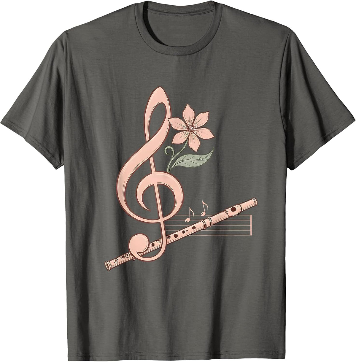 Men's Treble Clef Flower Flute Music Lover Boho Humor T-Shirt - Asphalt Grey