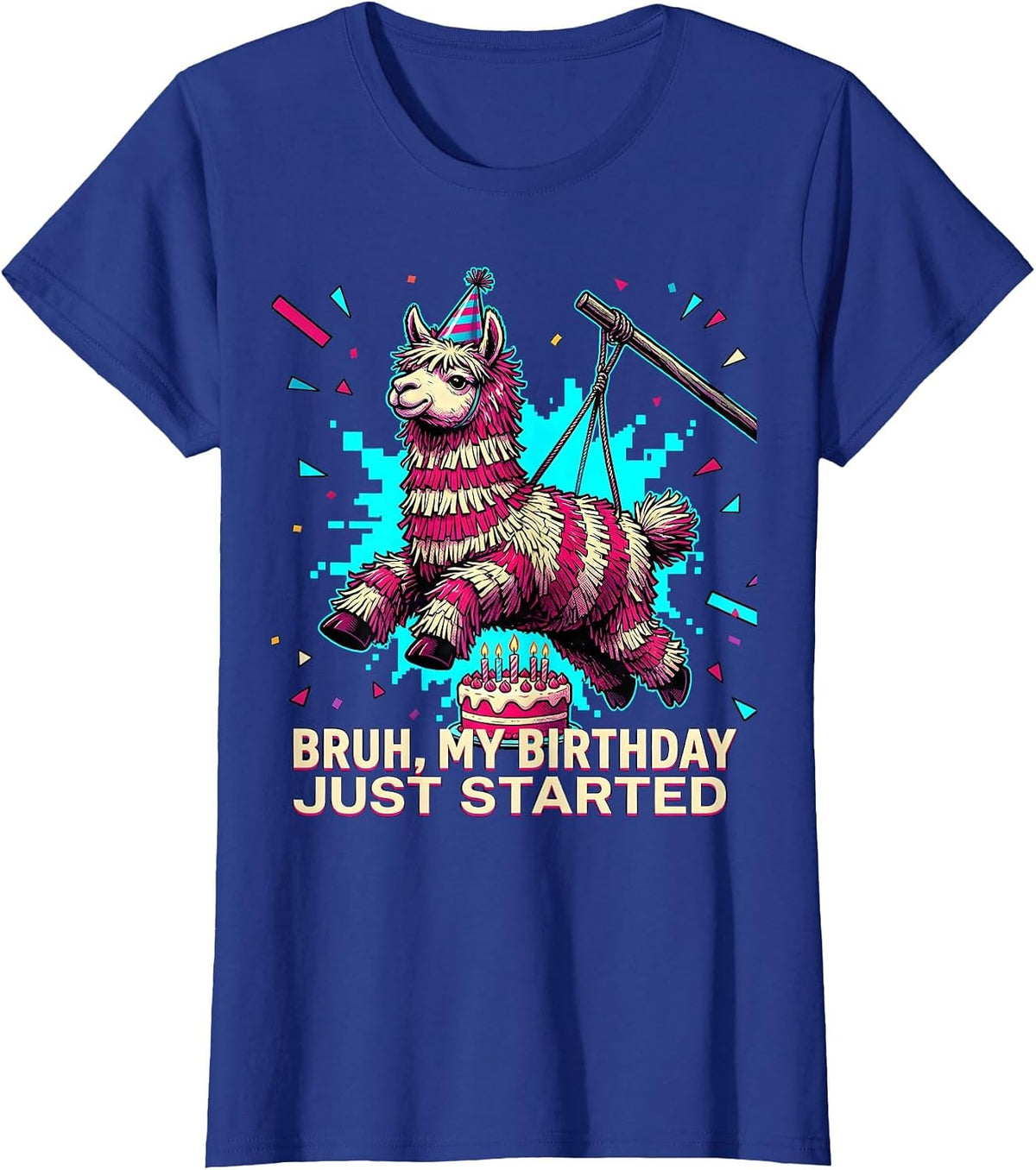 Women's Bruh My Birthday Just Started Comic Book Llama Piñata Gamer T-Shirt - Royal Blue