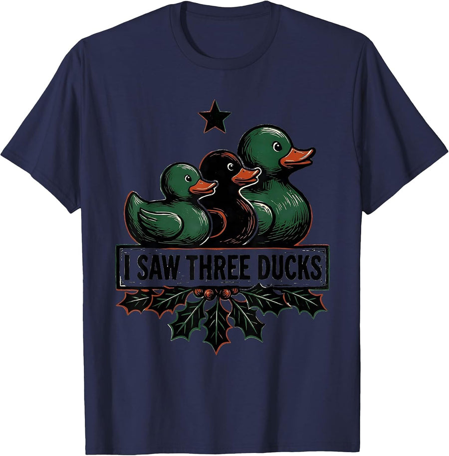I Saw Three Ducks Linocut Christmas Duck Lover Holiday Humor T-Shirt - Navy Blue