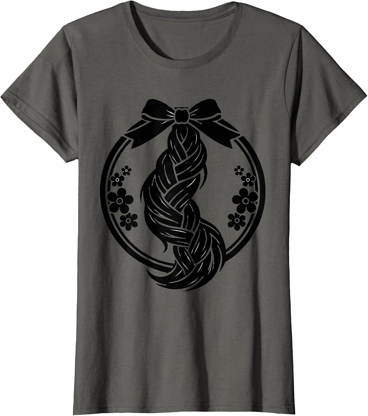 Women's Braided Horse Tail With Ribbon and Flowers T-Shirt - Asphalt Grey