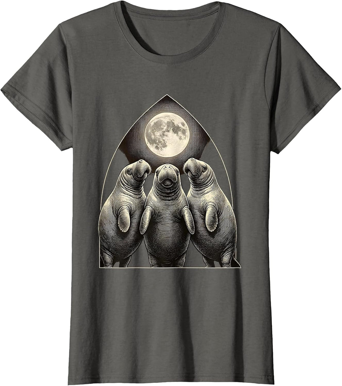 Women's Three Manatees Moon Crosshatch Etching Absurdist Meme T-Shirt - Asphalt Grey