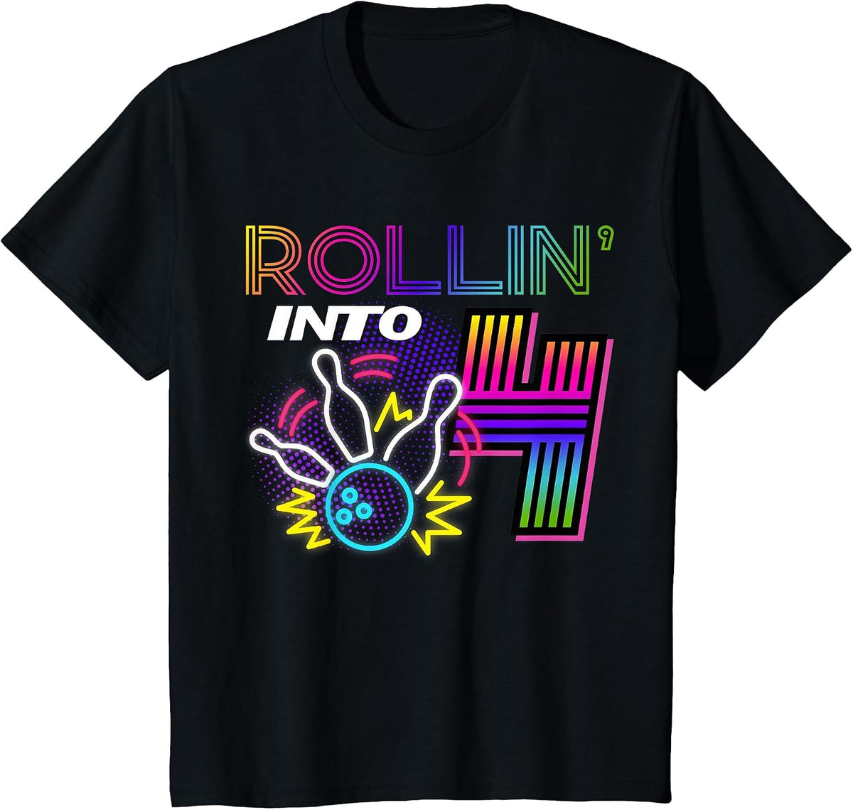 Rollin into 4 Year Old Birthday Bowling Party 4th Bday Retro T-Shirt - Black