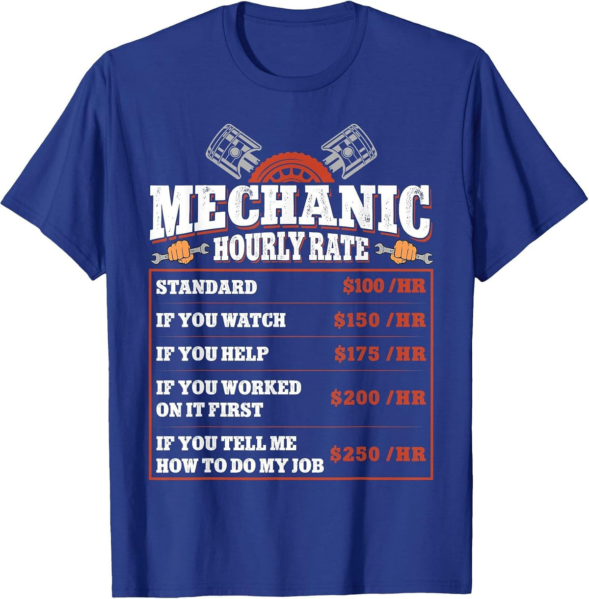 Funny Mechanic Hourly Rate - Labor Rates Car Mechanic T-Shirt - Royal Blue