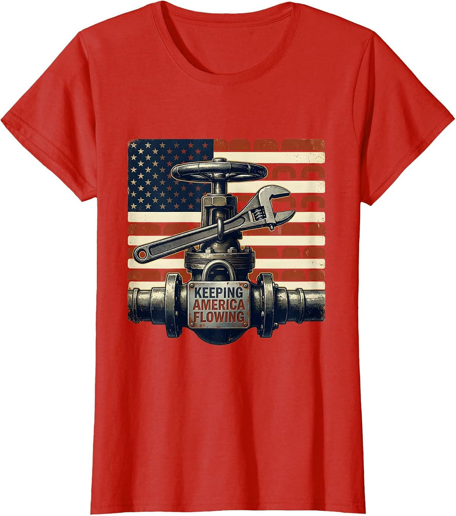 Women's Keeping America Flowing Vintage Plumber American Flag T-Shirt - Red