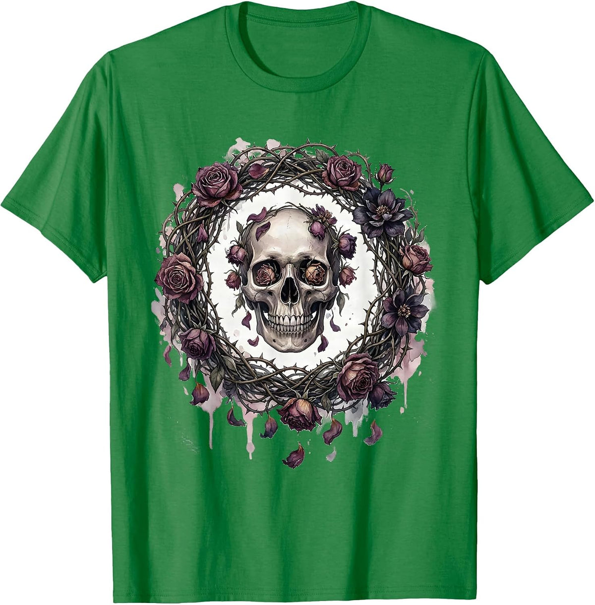 Men's Skull Wilting Black Flowers Dark Floral Crown T-Shirt - Kelly Green