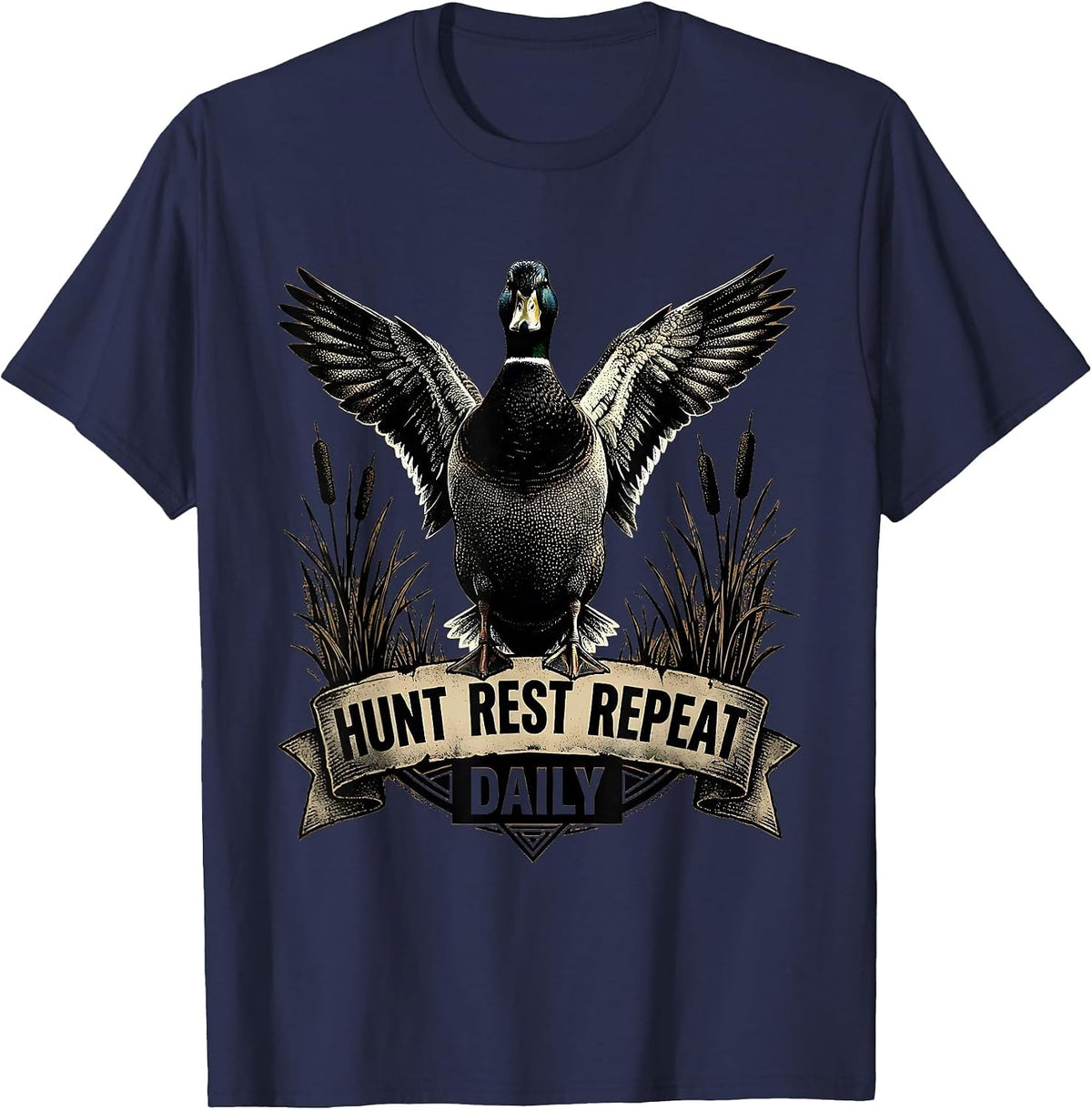 Duck Camo Hunt Rest Repeat Daily Design T-Shirt - Navy Blue