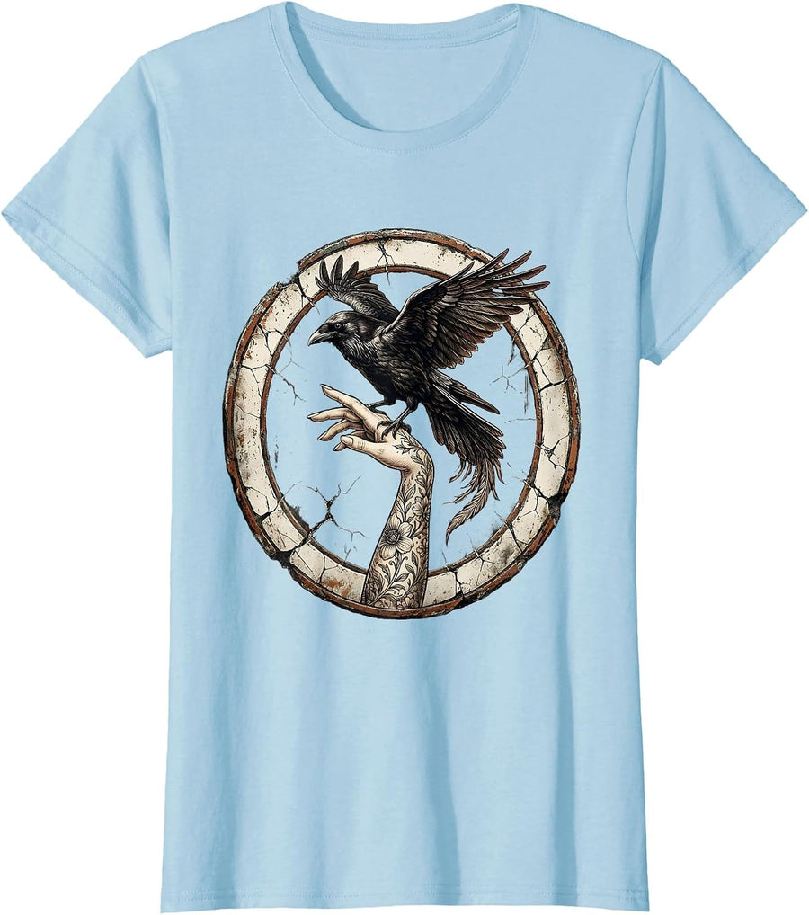 Women's Feminine Hand Crow Tattoo Sleeve Illustration T-Shirt - Baby Blue