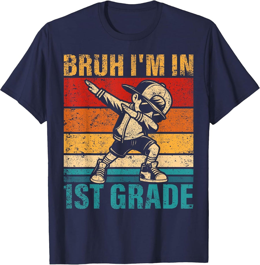 First Grade Dabbing Boy Bruh I'm in 1st Grade Student T-Shirt - Navy Blue