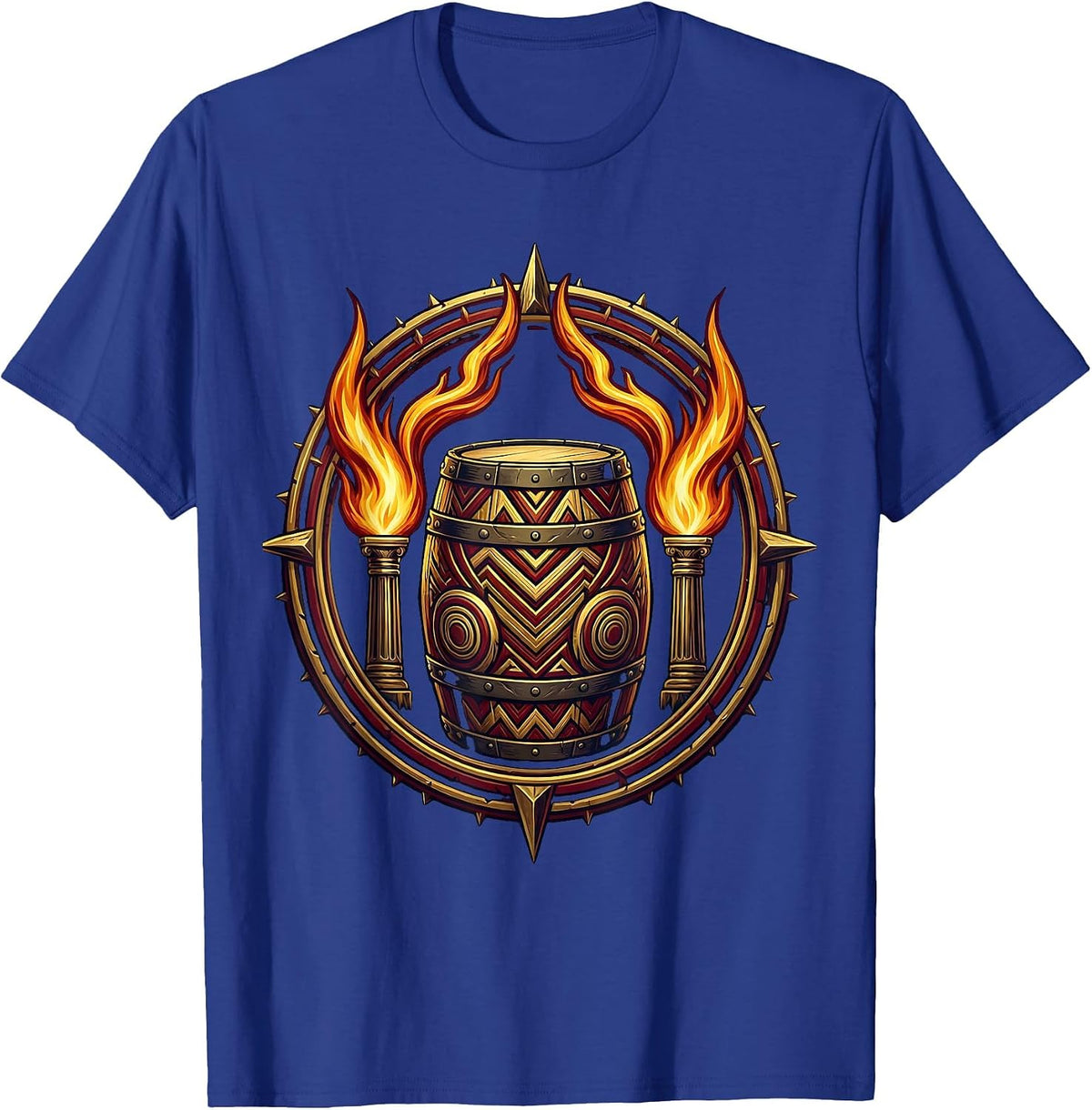 Tribal Drum Rising Flames Graphic Design T-Shirt - Royal Blue