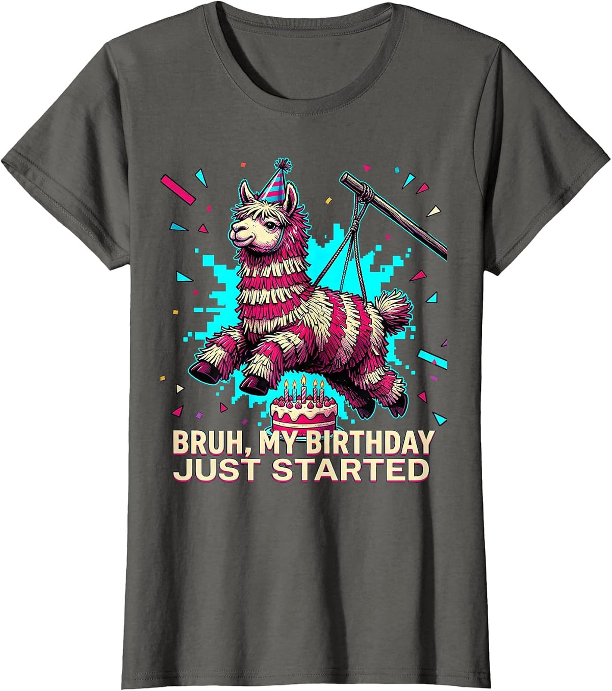 Women's Bruh My Birthday Just Started Comic Book Llama Piñata Gamer T-Shirt - Asphalt Grey