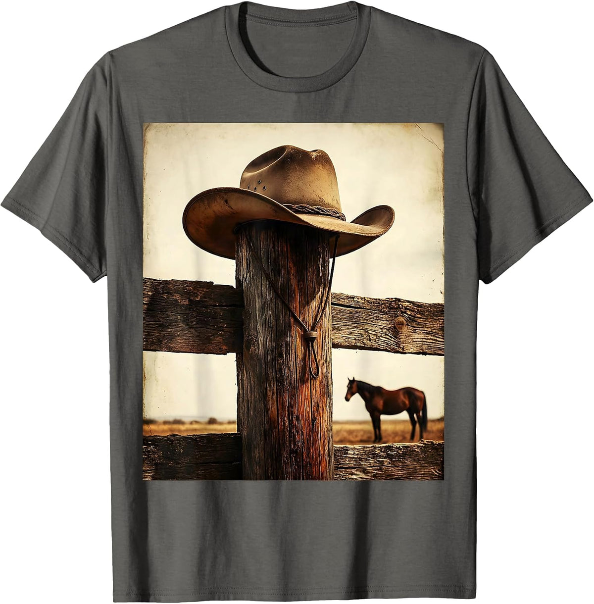 Men's Cowboy Hat on Fence Post Western Horse Design T-Shirt - Asphalt Grey