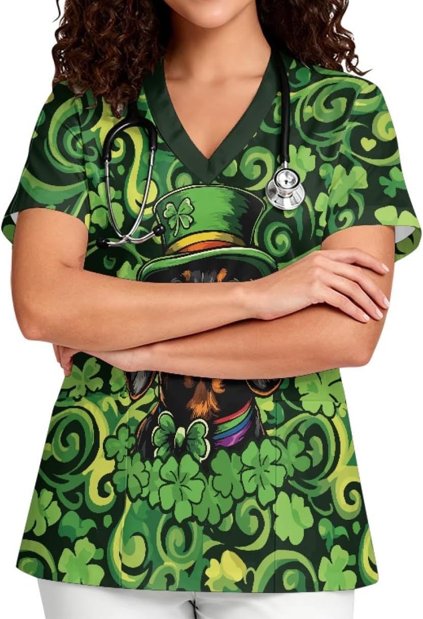 Printed Scrub Top for Women, V Neck Stretch Plus Size Work Uniform - Green - St. Patrick's Day Cute Dachshund Print