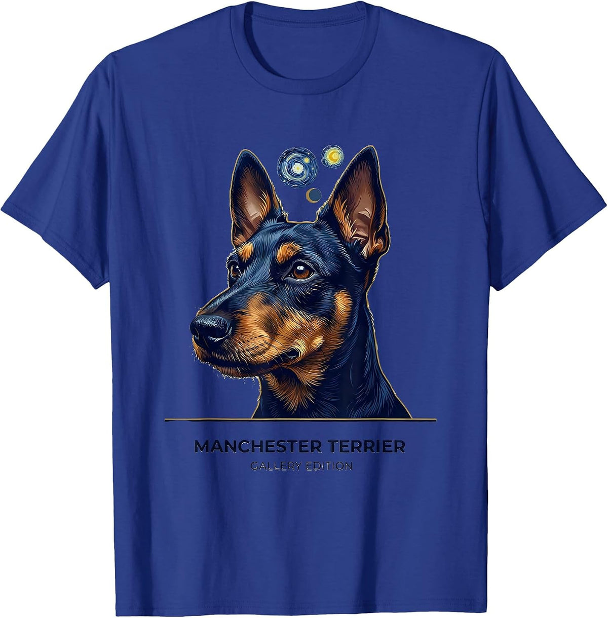 Manchester Terrier Gallery Edition Dog Breed Portrait Art T-Shirt - Royal Blue
