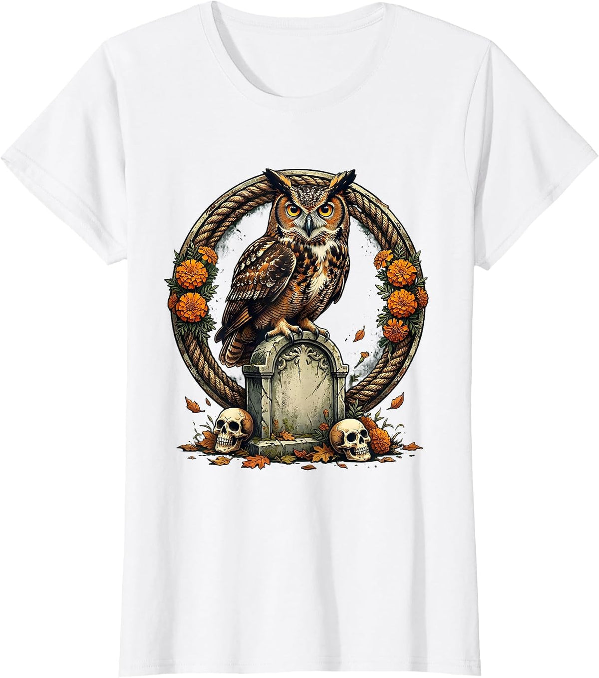 Women's Day of the Dead Owl on Gravestone Night Design T-Shirt - White