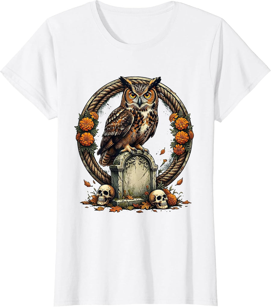 Women's Day of the Dead Owl on Gravestone Night Design T-Shirt - White