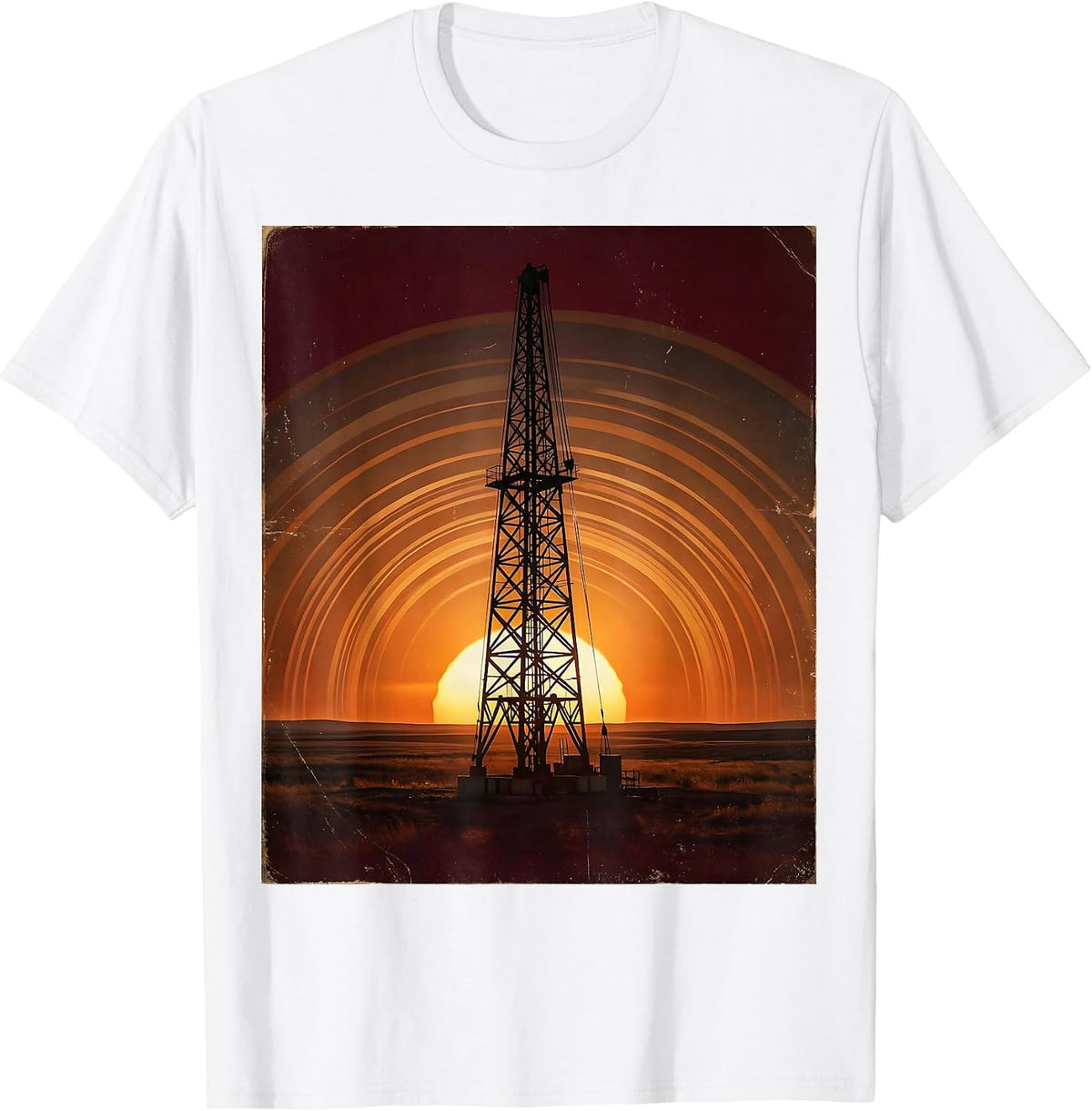 Men's Oil Derrick Silhouette Red Sky USA Graphic T-Shirt - White